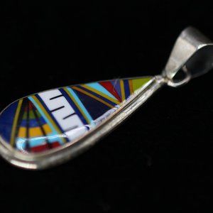 NATIVE AMERICAN INLAY LAPIS CORAL TURQUOISE ONYX MARKED ZUNI STERLING PENDANT
